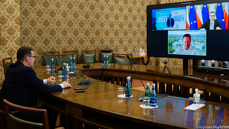 Der polnische Premier Morawiecki bei der Live-Schaltung zur Jahresveranstaltung, Foto: Krystian Maj/KPRM