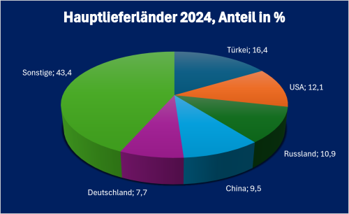 Georgien-Infografik „Hauptlieferländer von Waren nach Georgien 2024“ Kreisdiagramm